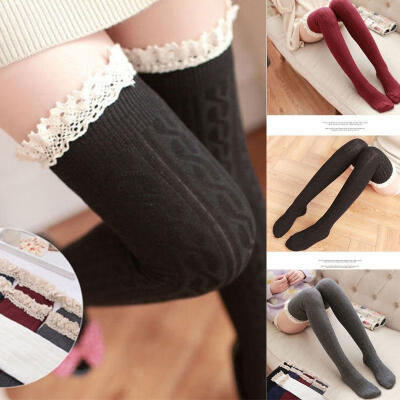 

Sexy Women Warm Cotton Thigh High Stockings Knit Over Knee Lace Girls Long Socks