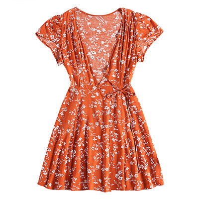

V Neck Cap Sleeve Floral Print A-line Cotton Tied Strap Women Wrap Dress