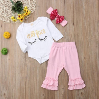 

Newborn Baby Girls Tops Romper Bodysuit Long Pants Headband Outfit Clothes NEW