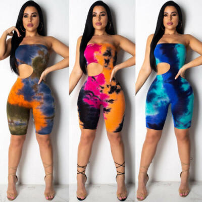 

US Women Tie Dyeing Bodycon Strapless Bodysuit Casual Jumpsuit Club Party Romper