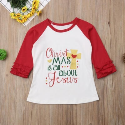 

Kids Toddler Baby Girl Christmas Ruffle T-shirt Top Letter Print Ruffle Sleeve Tee