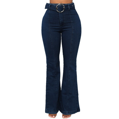 

Tailored Women Elastic Plus Loose Denim Pocket Button Casual Flare pants Pant Jeans