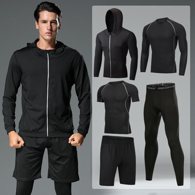 

Hui Ang sports suit mens fitness clothing yoga clothing tights quick-drying running training basketball clothing elastic compression clothing mens fitness clothing gray line black five-piece  code