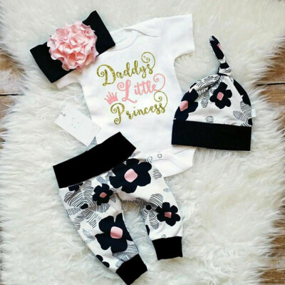 

Newborn Baby Girls Floral Tops Romper Long Pants Hat Outfits Clothes 4Pcs Set