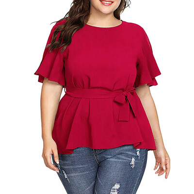 

Starmoon Womens Solid Plus Size Short Sleeve Shirt Belted Knot Blouse Tops