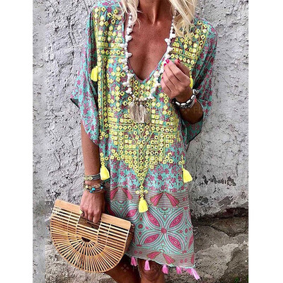 

Women Boho V-Neck Linen Maxi Dress Short Sleeve Casual Kaftan Tunic Plus Size