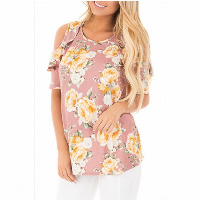 

Round neck short-sleeved printed ruffled straight casual T-shirt top