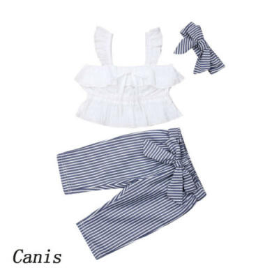 

Fashion Kids Baby Girls Clothes Vest TopsStripe Bow Pants 3PCS Outfits Sunsuit