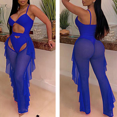 

Women Beach Mesh Ruffle Sheer Wide Leg Pants Trousers Bikini Cover Up