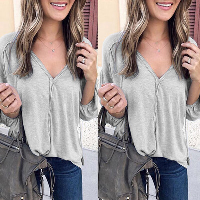 

Starmoon Women Casual Solid V-Neck Long Puff Sleeve Ruffled Pullover Shirt Top Blouse