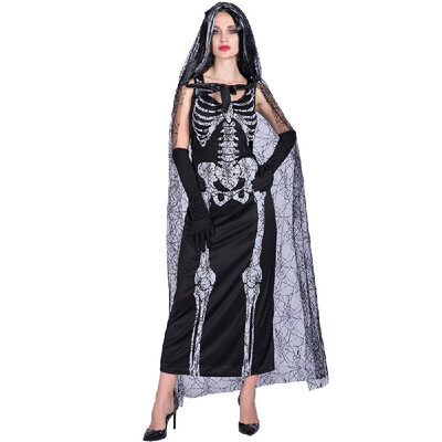 

Women Halloween Skeleton Ghost Bride Costumes Dress Gloves Cape Kit Masquerade Cosplay Party Performance Clothes Props