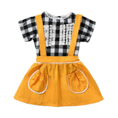 

Newborn Kids Baby Girl Clothes Plaid Lace Tops T-Shit Skirt Overalls Outfits Set