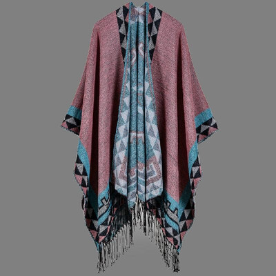 

Boho Women Knitted Shawl Poncho Faux Cashmere Geometric Pattern Tassel Oversized Warm Long Cape