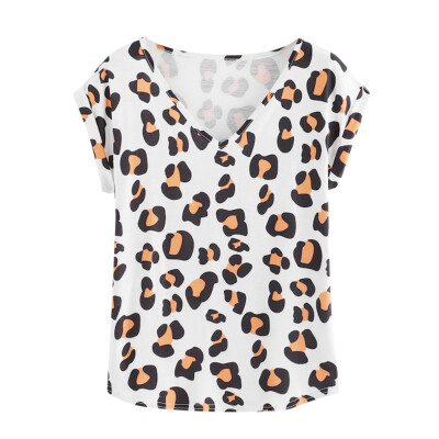 

Starmoon women Fashion V-Neck Blouse Leopard Printed Short Sleeve Loose Tops T-Shirt