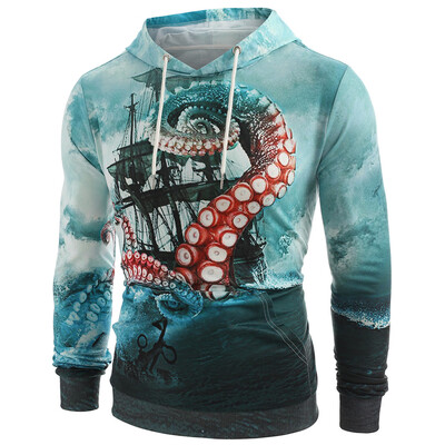 

Vintage Sea Sailboat Octopus Print Pocket Loose Hoodie
