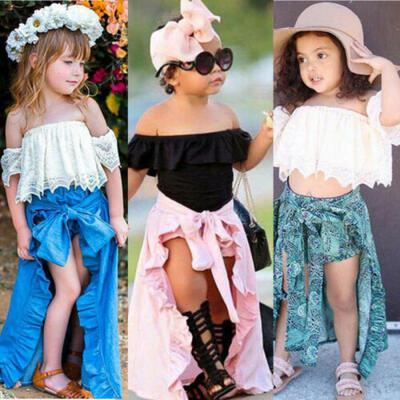 

Girl Lace Off-shoulder T-shirt TopDenim Shorts Ruffles Princess Skirts Outfits