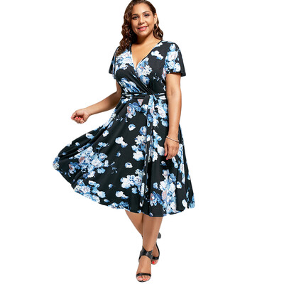 

V Neck Floral Plus Size Tea Length Dress