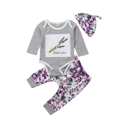 

Fashion Newborn Baby Girl Long Sleeve Floral Top Jumpsuit Lavender Print Pants Hat 3pcs