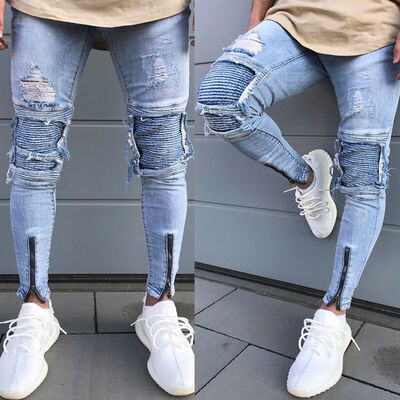 

Mens Stretchy Ripped Skinny Biker Jeans Destroyed Taped Slim Fit Denim Pants