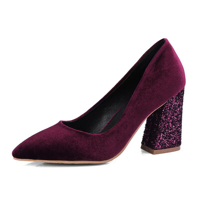 

IDIFU Womens Comfy Pointed Toe Pump - Velvet Glitter Sequined Block High Heels - Low Cut Slip on Work Shoes