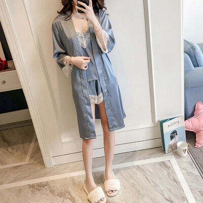 

3Pcs Summer Womens Sexy Pajamas Silk Pajamas Sleepwear Deep V Sling Lingerie Set