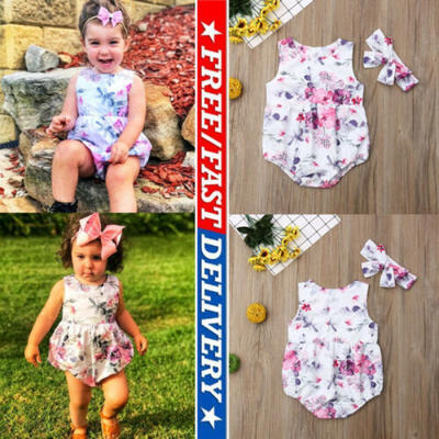 

Toddler Baby Girls Summer Floral Fashion Sleeveless Romper Headband Outfits Suit