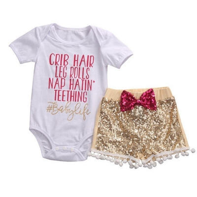 

CRIB HAIR 0-24M Newborn Cute Baby Girls Cotton Tops Short Sleeve Romper Rose Sequin Pants Outfits Headhand 3Pcs Set Clothes