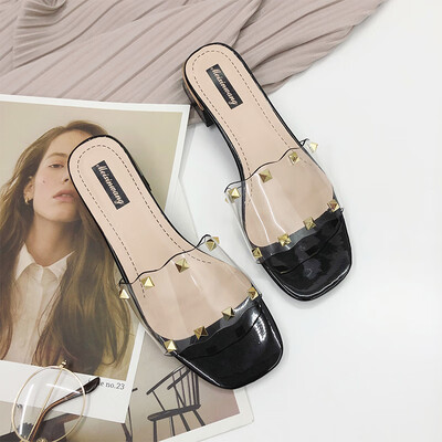 

Thick heel rivet slippers women summer 2019 new Joker student non-slip sandals fashion wear high heels