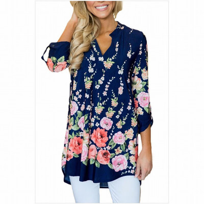 

V-neck long sleeve front short long bohemian printed shirt top