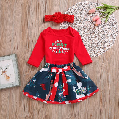 

Newborn Baby Girl Xmas Clothes Outfits My First Christmas Romper Skirts 3PCS Set