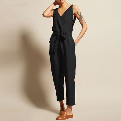 

Starmoon Womens Casual Solid Sleeveless V-Neck Belt Slim Plus Size Linen Long Jumpsuit