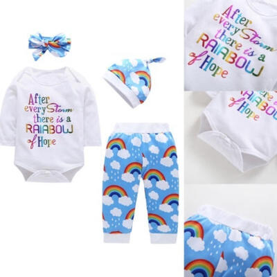 

New 4Pcs Newborn Kids Baby Boy Girl Rainbow RomperPantHat Jumpsuit Outfits Clothes