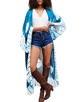 

New Women Chiffon Kimono Cardigan Beach Cover Up Contrast Print Long Loose Casual Blouse Top WhiteBlueYellow