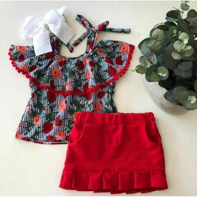 

US 2PCS Toddler Kid Baby Girl Flower Clothes Stripe TopsSkirt Summer Outfit Set