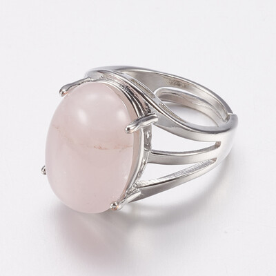 

Natural Rose Quartz Wide Band Finger Rings with Alloy Ring Findings Oval 18mm