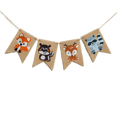 

FUNNYBUNNY Animal Fox Squirrel Deer Raccoon Pull Flag Birthday Pull Flag Linen Swallow Tail Flag Birthday Party Decor Supplies
