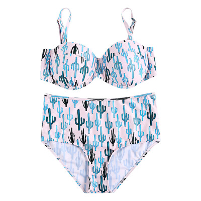 

Spaghetti Strap Padded Underwire Backless Cacti Print High Waist Plus Size Women Bikini Set