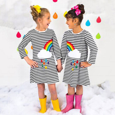 

Infant Toddler Baby Girls Sister Striped Rainbow Print Party Dress Clothes