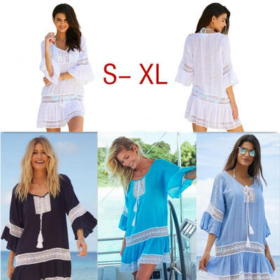 

Europe&America sexy blouse lace stitching collar straps trumpet sleeves loose sunscreen beach skirt