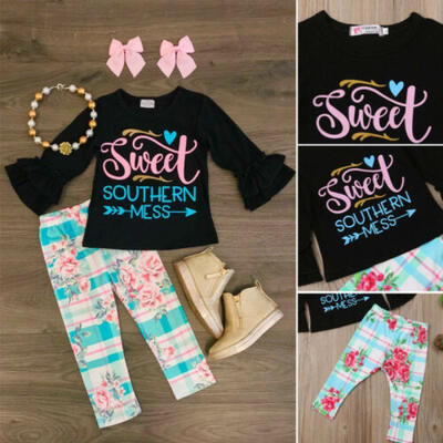 

2pcs Infant Baby Girl Clothes Set Cotton Top T Shirt Floral Pant Outfit Party UK