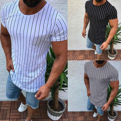 

New Mens Slim Fit Short Sleeve Stripe T Shirt Muscle Casual Basic Top Tee Blouse