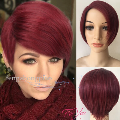 

FZP Pixie Cut Burgundy Natural Wigs Short Straight Similar Human Hair Wigs For Black Women Full Wigs For African
