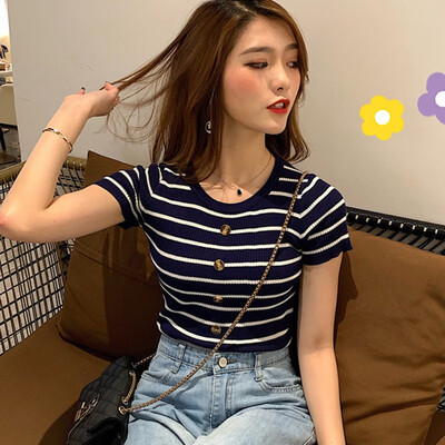 

Womens Korean Style Casual O Neck Striped Short Sleeve Slim Buttons Knitted T-Shirt