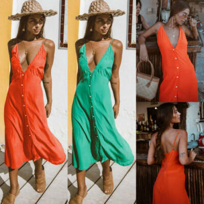 

Summer Womens V-Neck Maxi Dress Sleeveless Boho Beach Casual Button Sundress AU