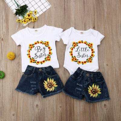 

US Matching Little Big Sister Clothes Summer Romper T-shirt Denim Shorts Outfit