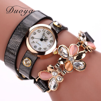 

Trend around three-ring alloy quartz watch fashion mesh PU strap with diamond flower female watch