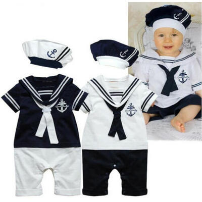 

UK Cotton Newborn Baby Boy Sailor Playsuit Toddler Outfit Set Romper ClothesHat