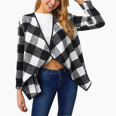 

Plaid Irregular Cardigan Tops Lapel Woolen Coats Autumn Women Loose Outwear