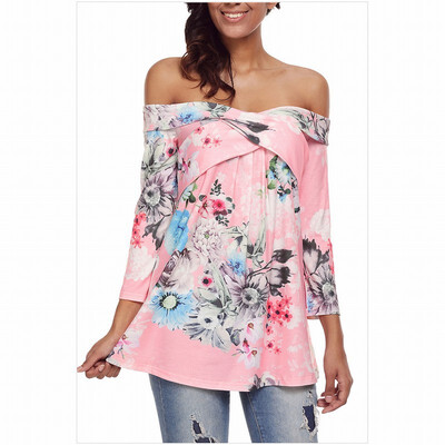 

Multi-color one-shoulder long-sleeved floral print retro straight top