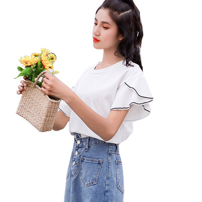

Womens Fresh Style O-Neck Solid Short Flare Sleeve Ruffles Loose Pullover T-Shirt